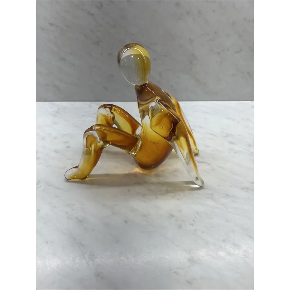 Vintage Hand Blown/Fairing Folk Art Person Sitting Unique Piece 6”x 6.5” Amber